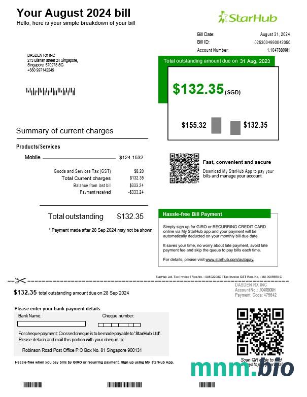 Szablon rachunku za media Biznesowe w Singapurze StarHub w formatach Word i PDF